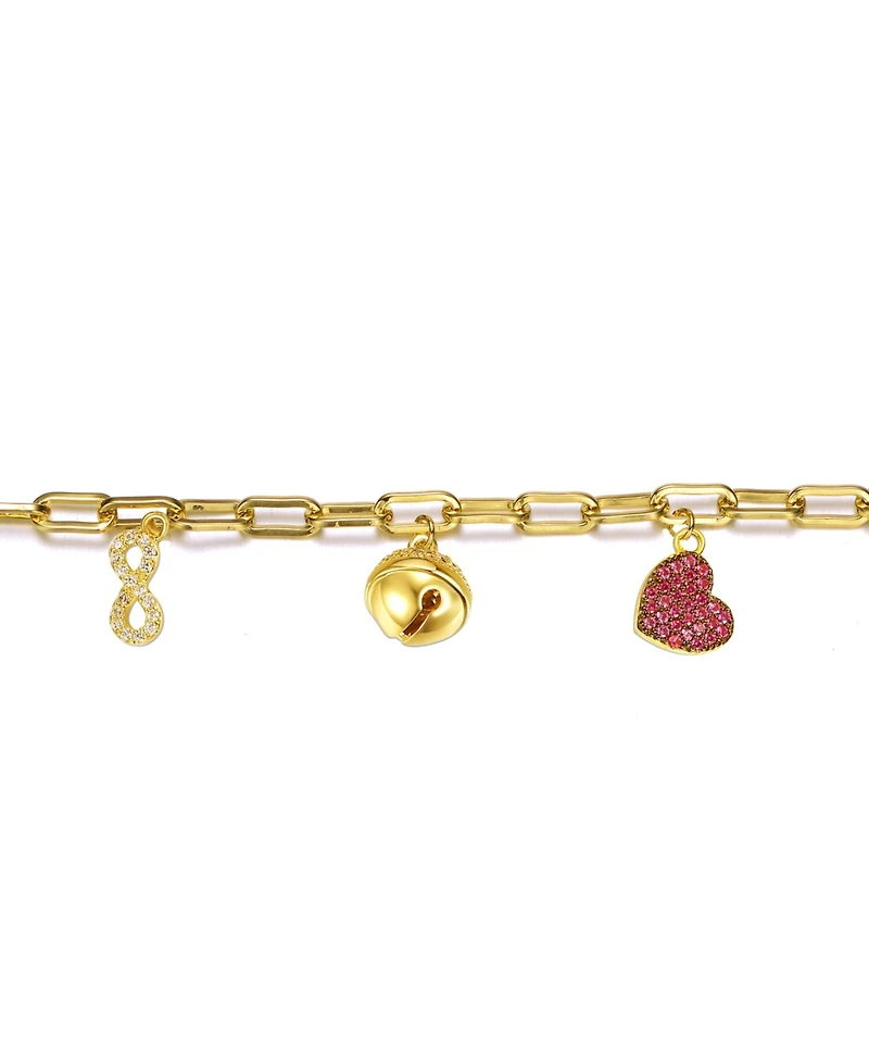 GiGiGirl 14k Yellow Gold Plated with Red & Cubic Zirconia Heart, Cowbell, and Infinity Dangle Charm Bracelet
