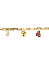 GiGiGirl 14k Yellow Gold Plated with Red & Cubic Zirconia Heart, Cowbell, and Infinity Dangle Charm Bracelet