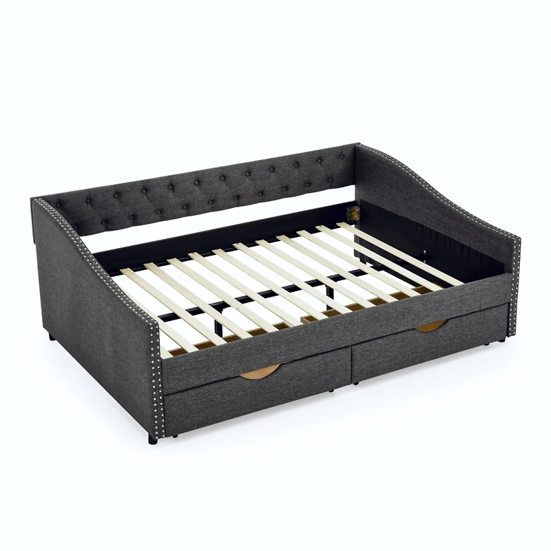 Simplie Fun Upholstered Tufted Daybed with Drawers and Copper Nail Detail