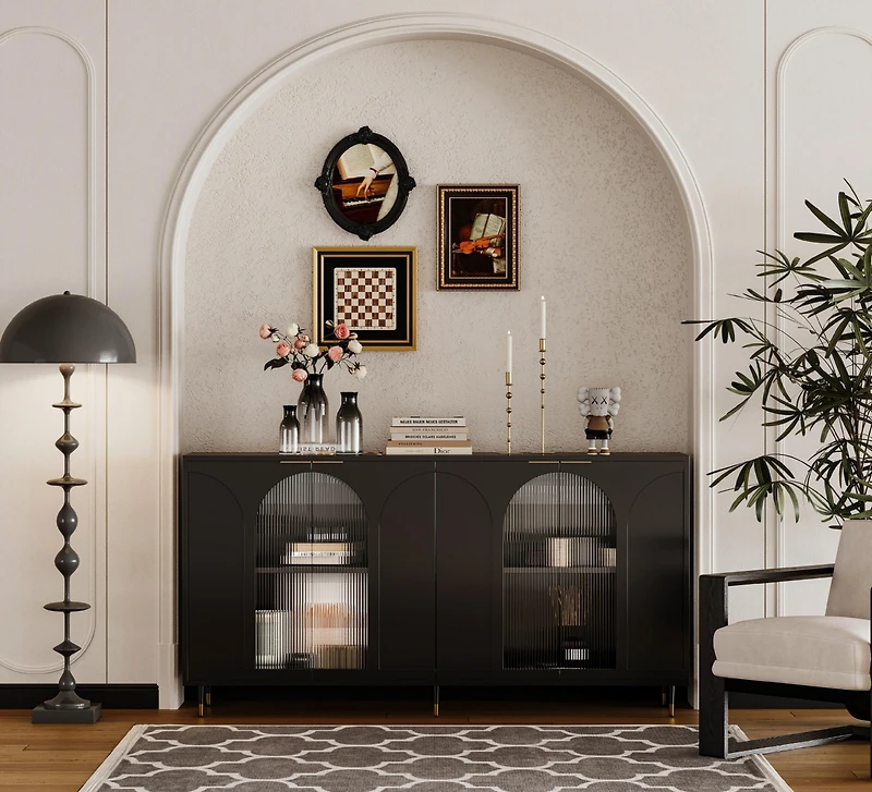 Black Lacquered Wooden Accent Cabinet with Glass Doors, 4-Door Storage Buffet