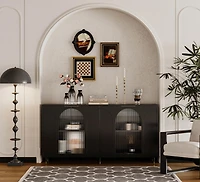 Black Lacquered Wooden Accent Cabinet with Glass Doors, 4-Door Storage Buffet