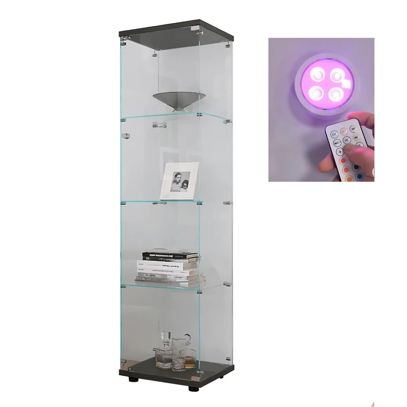 Streamdale Furniture Lighted 4 Shelves Glass Cabinet Glass Display Cabinet With One Door, Black