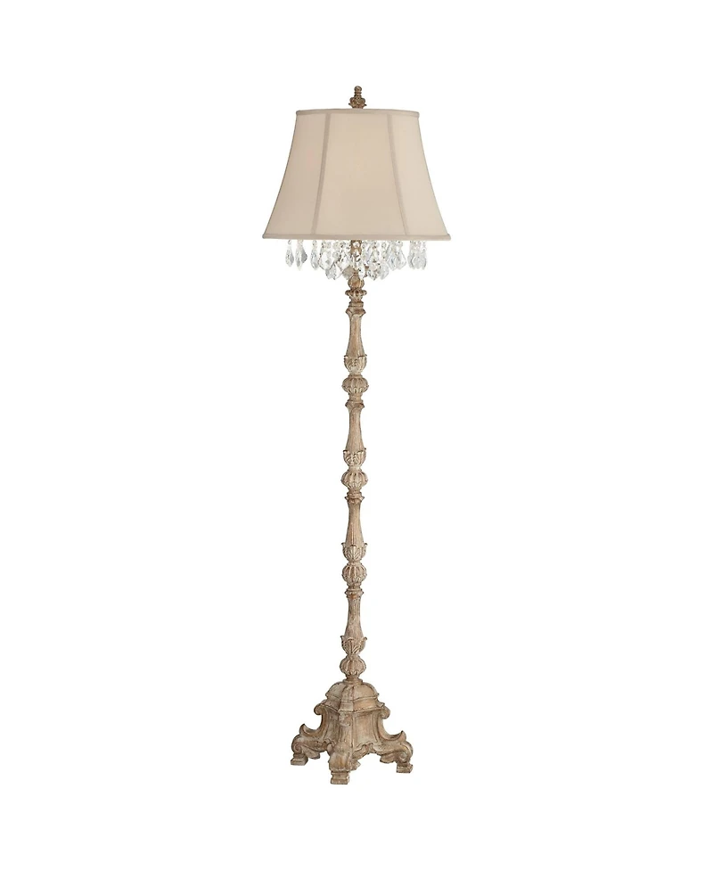 Barnes and Ivy Duval Country Cottage Floor Lamp 63 1/2" Tall Distressed Faux Wood Candlestick Crystal Glass Beading Cream Bell Shade for Living R