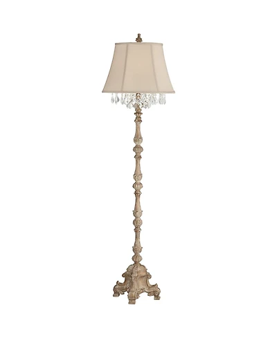 Barnes and Ivy Duval Country Cottage Floor Lamp 63 1/2" Tall Distressed Faux Wood Candlestick Crystal Glass Beading Cream Bell Shade for Living R