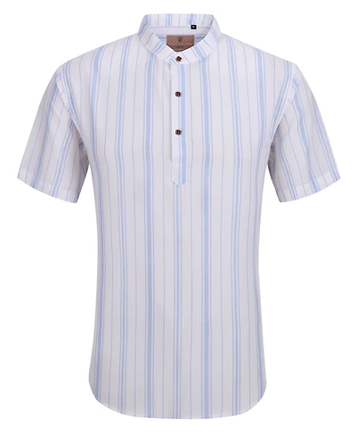 Suslo Couture Men's Linen Stripped Banded Collar Button Up