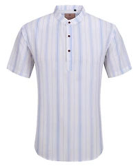 Suslo Couture Men's Linen Stripped Banded Collar Button Up