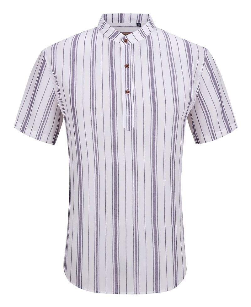 Suslo Couture Men's Linen Stripped Banded Collar Button Up
