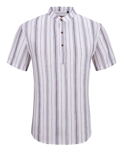 Suslo Couture Men's Linen Stripped Banded Collar Button Up