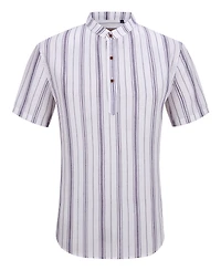 Suslo Couture Men's Linen Stripped Banded Collar Button Up