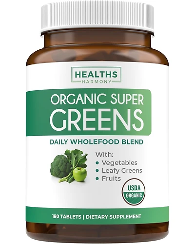 Organic Super Greens Tablets, Complete Superfood Supplement for Super Antioxidants, Energy, Gut Health, and Immune Support, Health's Harmony
