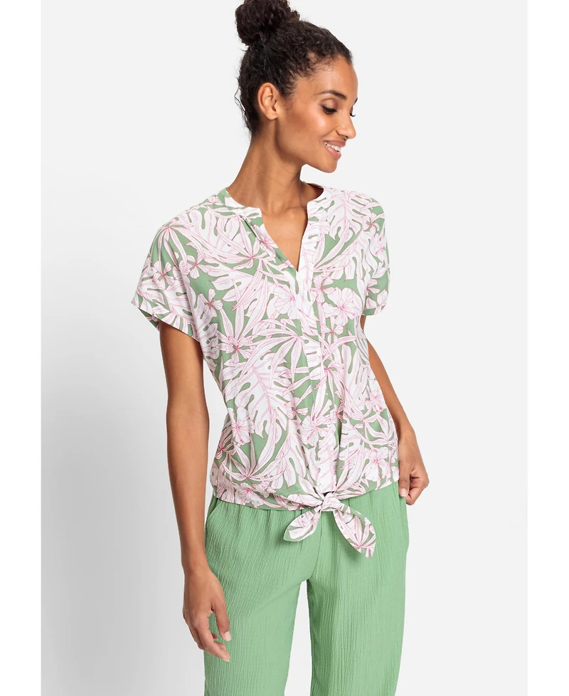 Olsen Cotton Viscose Short Sleeve Tie Waist Woven Top