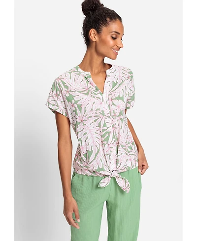 Olsen Cotton Viscose Short Sleeve Tie Waist Woven Top