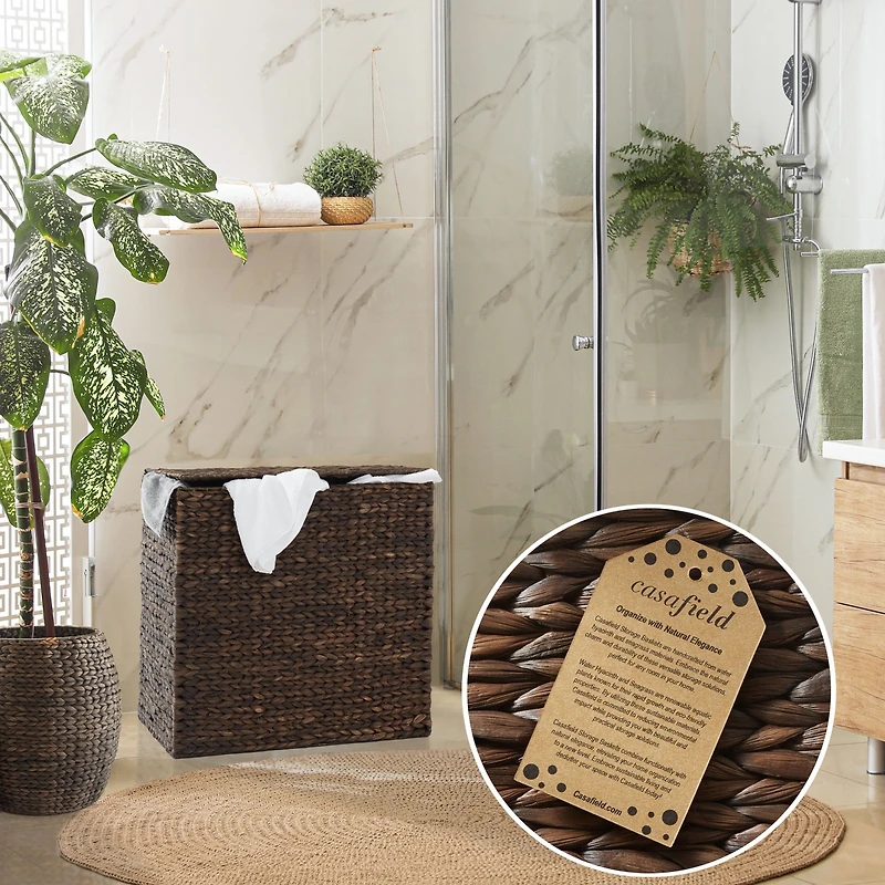 Casafield 2-Section Laundry Hamper with Lid and Removable Liner Bags - Natural, Woven Water Hyacinth Basket for Clothes