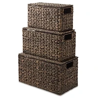 Casafield Set of 3 Water Hyacinth Storage Baskets with Lids, Natural - Small, Medium, Large
