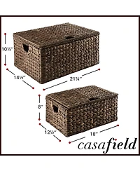Casafield Set of 3 Water Hyacinth Storage Baskets (Small/Medium/Large), Multipurpose Organizer Rectangular Totes with Removable Lids
