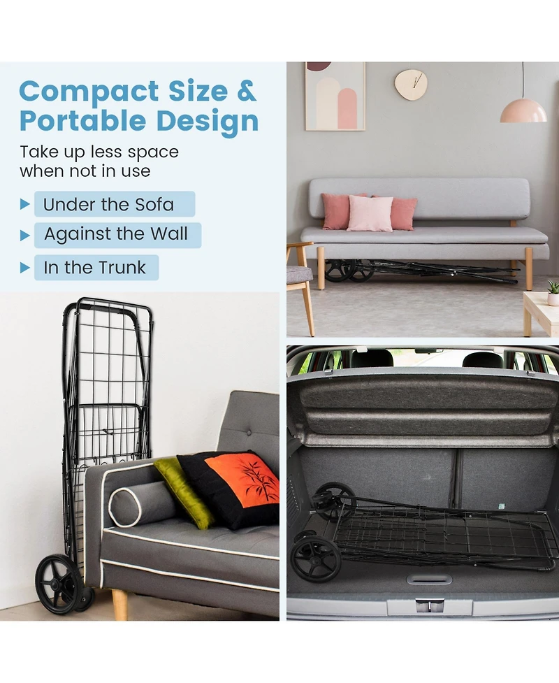 Sugift Folding Shopping Cart with Swiveling Wheels and Dual Storage Baskets