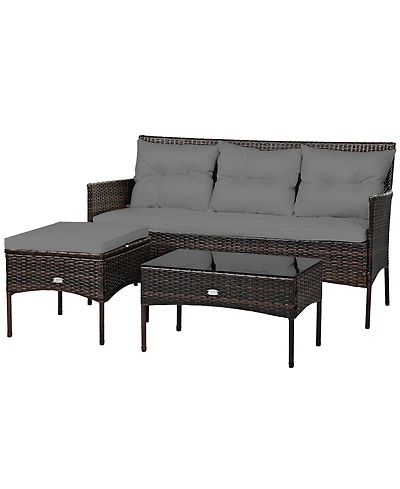 Gymax 3PCS Patio Rattan Sectional Conversation Furniture Set w/ Grey Cushions