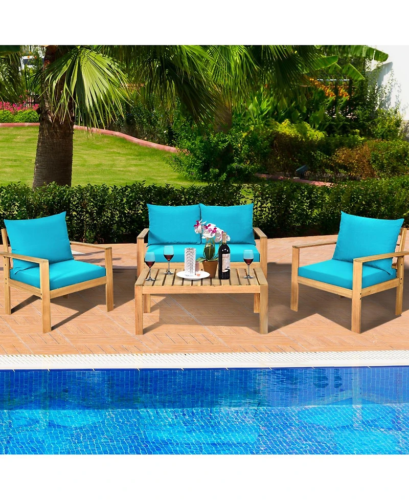 Gymax 4PCS Patio Acacia Wood Conversation Furniture Set w/ Turquoise Cushions