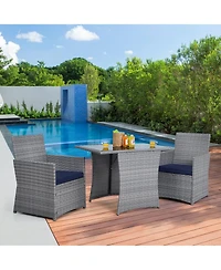 Gymax 3PCS Outdoor Rattan Conversation Set Patio Dining Table Set w/ Navy Cushions