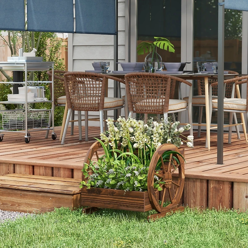 Outsunny Wooden Wagon Planter Box, Decorative 3-Tier Stair Step Garden Bed