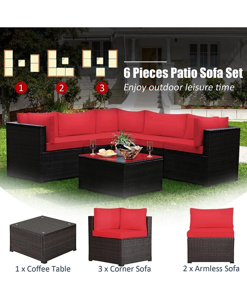 Sugift 6 Pieces Rattan Patio Sectional Sofa Set with Cushions for 4-5 Person