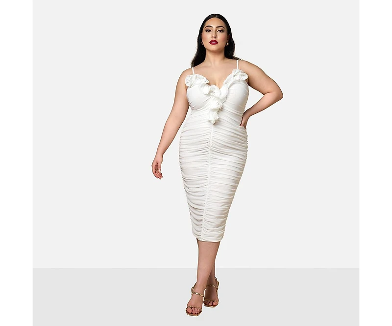 Rebdolls Women's Plus Orchid Mesh 3D Flower Midi Bodycon Dress