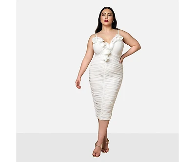 Rebdolls Women's Plus Orchid Mesh 3D Flower Midi Bodycon Dress