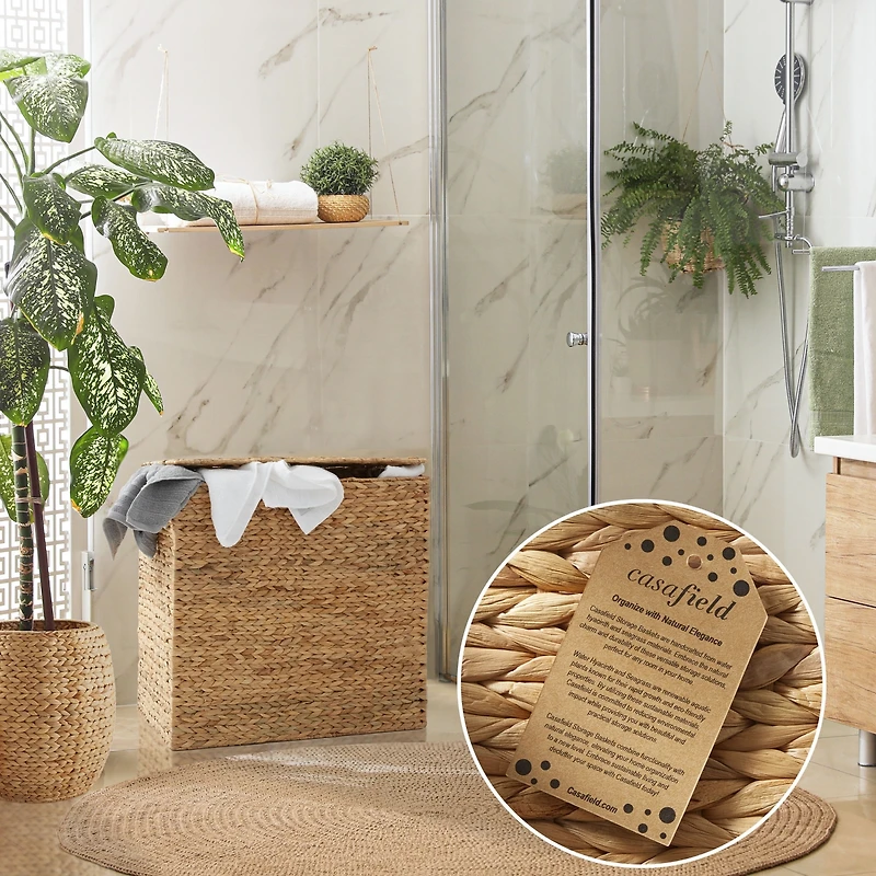 Casafield 2-Section Laundry Hamper with Lid and Removable Liner Bags - Natural, Woven Water Hyacinth Laundry Basket for Clothes