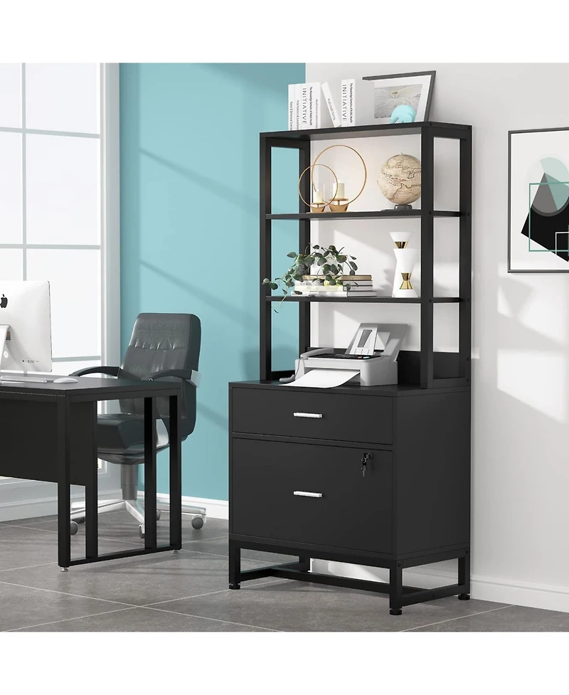 Tribesigns 2 Drawer Vertical File Cabinet with Lock & Bookshelf, Letter Large Modern Filing Printer Stand Open Storage Shelves for H