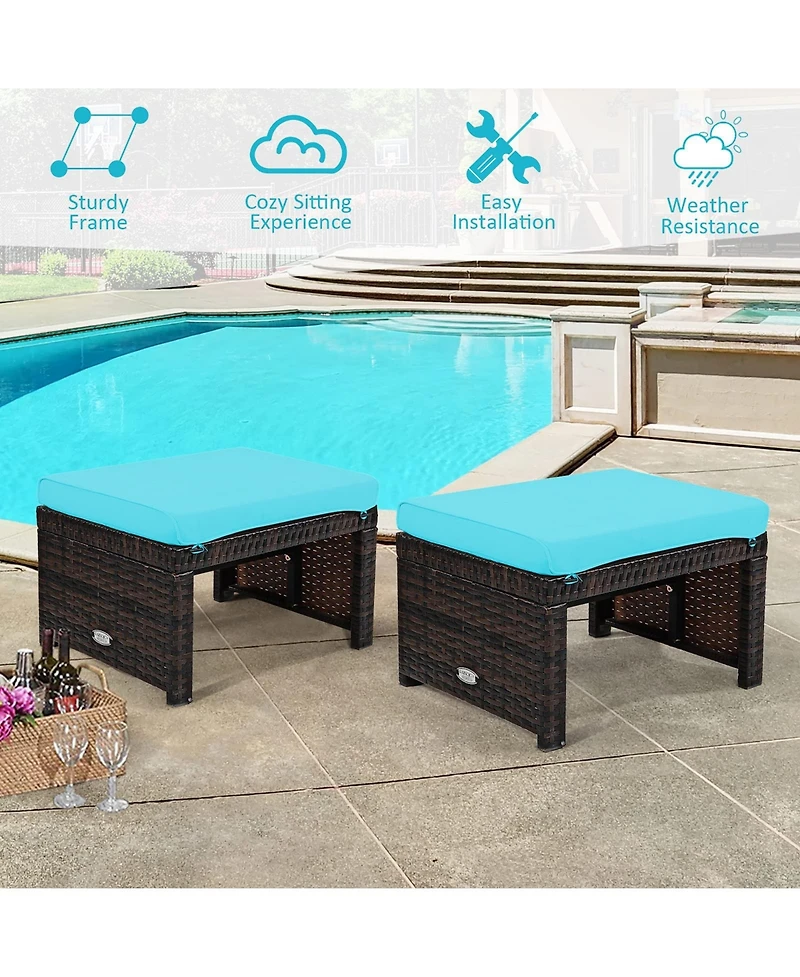 2 Pieces Patio Rattan Ottomans with Soft Cushion for and Garden