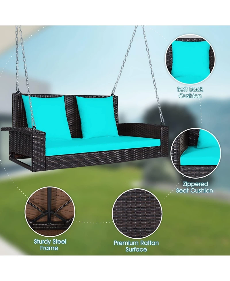 Sugift 2-Person Wicker Hanging Porch Swing with 2 Back Cushions and 1 Seat Cushion