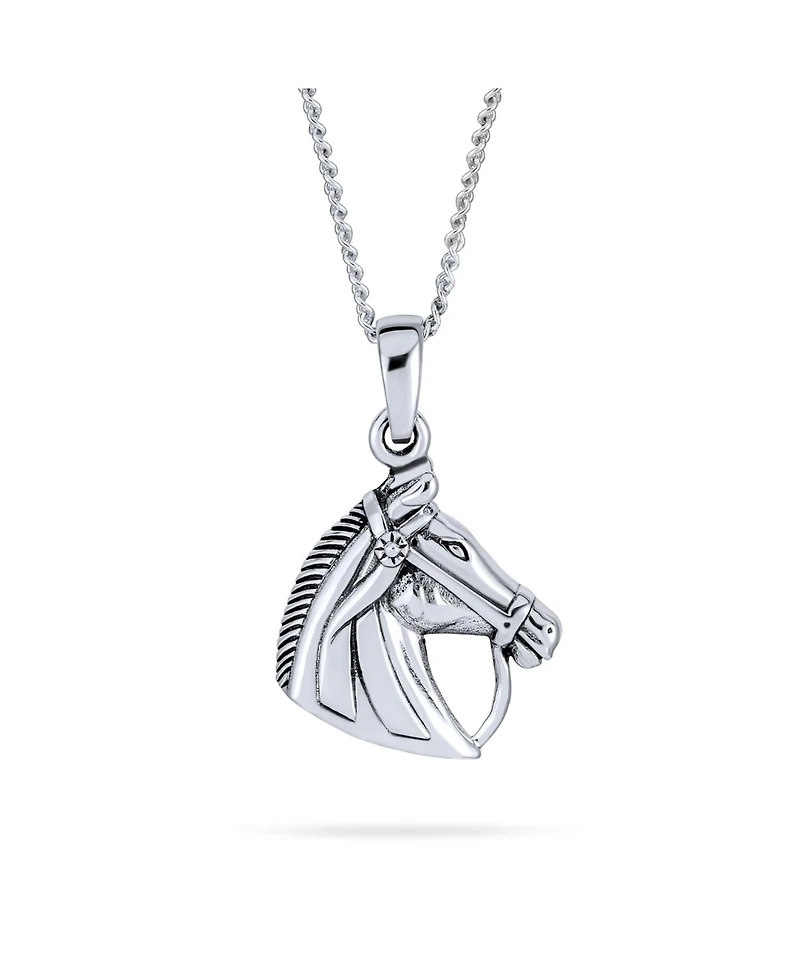 Bling Jewelry Cow Equestrian Thoroughbred Winner Horse-Head Pendant Horseshoe Necklace Oxidized Sterling Silver
