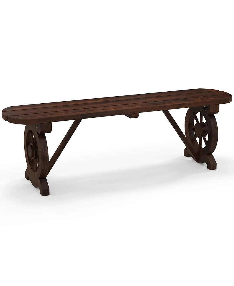 Patio Rustic Wood Bench with Wagon Wheel Base Slatted Seat Design