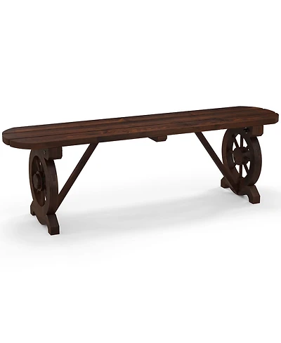 Patio Rustic Wood Bench with Wagon Wheel Base Slatted Seat Design