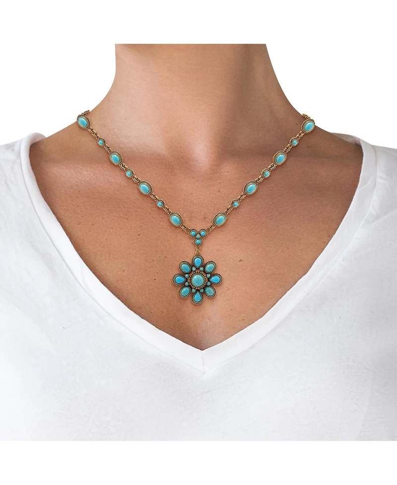 Jessica Simpson Women's Large Turquoise Stone Flower Necklace in Silver or Gold Tone