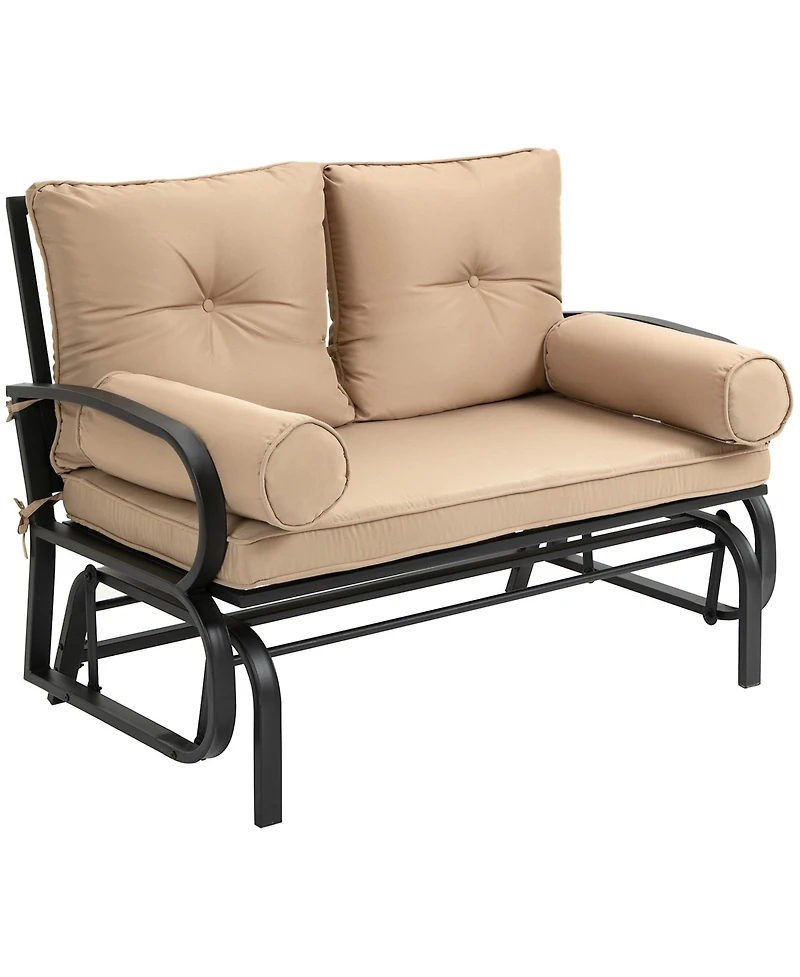 Outsunny Outdoor Rocking Loveseat, Patio Glider Bench, Cushions, Pillow Armrests, Khaki