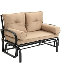 Outsunny Outdoor Rocking Loveseat, Patio Glider Bench, Cushions, Pillow Armrests, Khaki