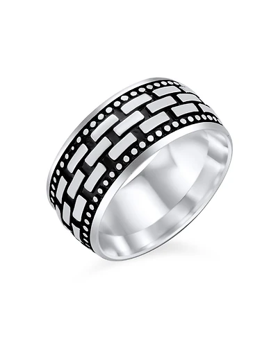 Bling Jewelry Classic Wide Brick Chain Ring Band Solid Blackened Oxidized .925 Sterling Silver Beaded Edge