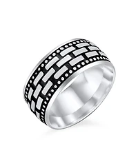 Bling Jewelry Classic Wide Brick Chain Ring Band Solid Blackened Oxidized .925 Sterling Silver Beaded Edge