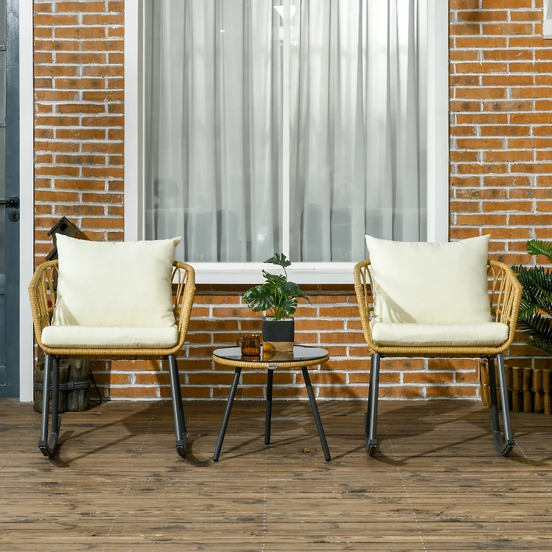 Outsunny 3 Piece Patio Rocking Chair Patio Set w/ Cushions & Glass Top, White