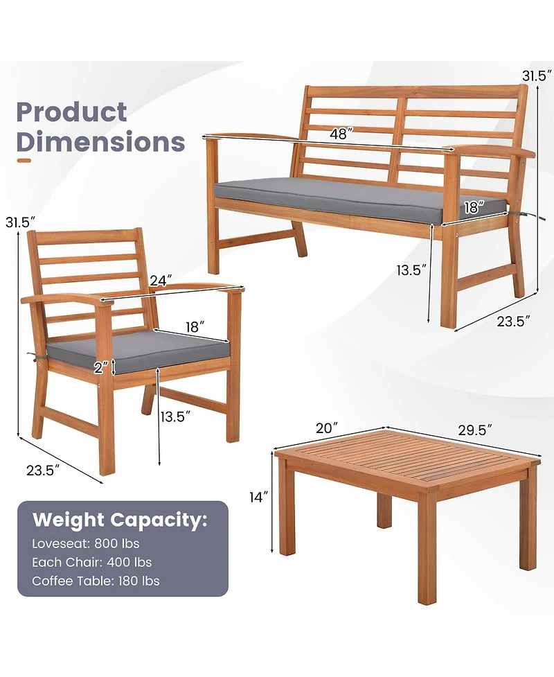 4 Pcs Outdoor Furniture Set with Soft Seat Cushions Stable Acacia Wood Frame