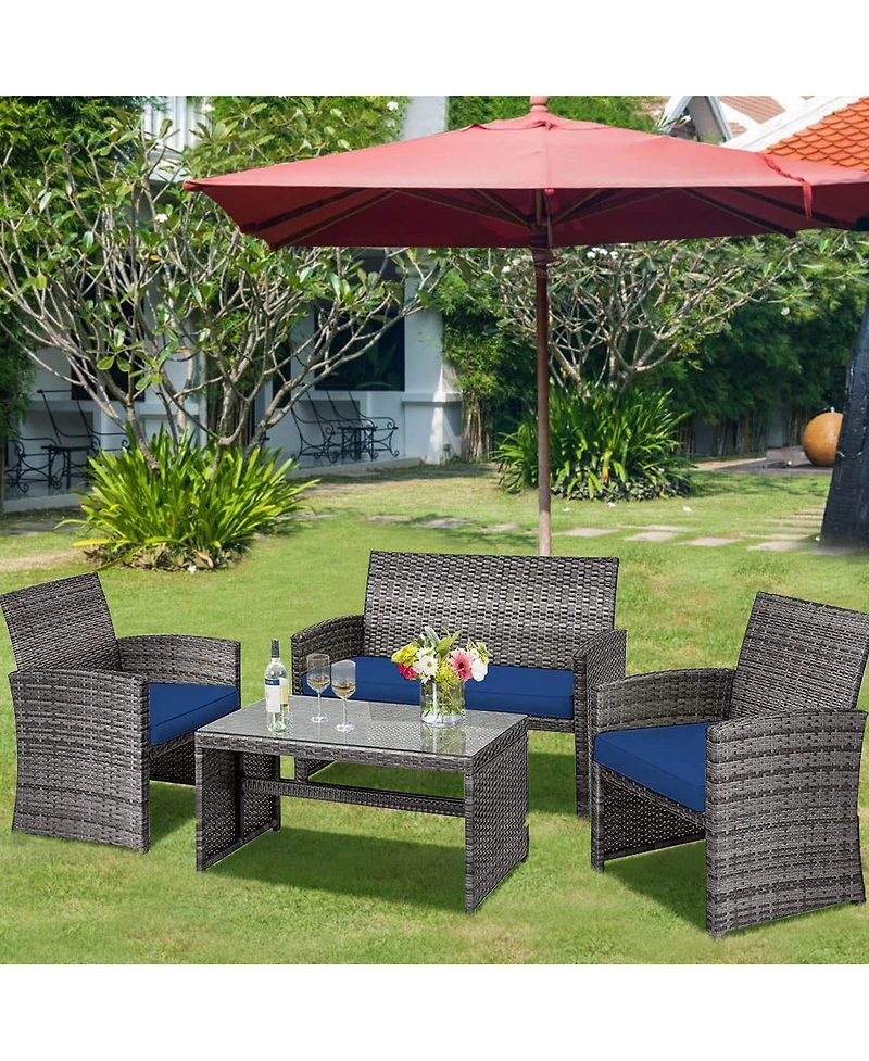 Sugift 4 Pieces Patio Rattan Furniture Set with Glass Table and Loveseat