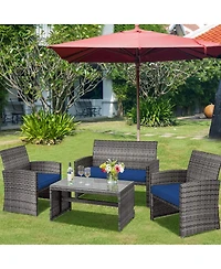 Sugift 4 Pieces Patio Rattan Furniture Set with Glass Table and Loveseat