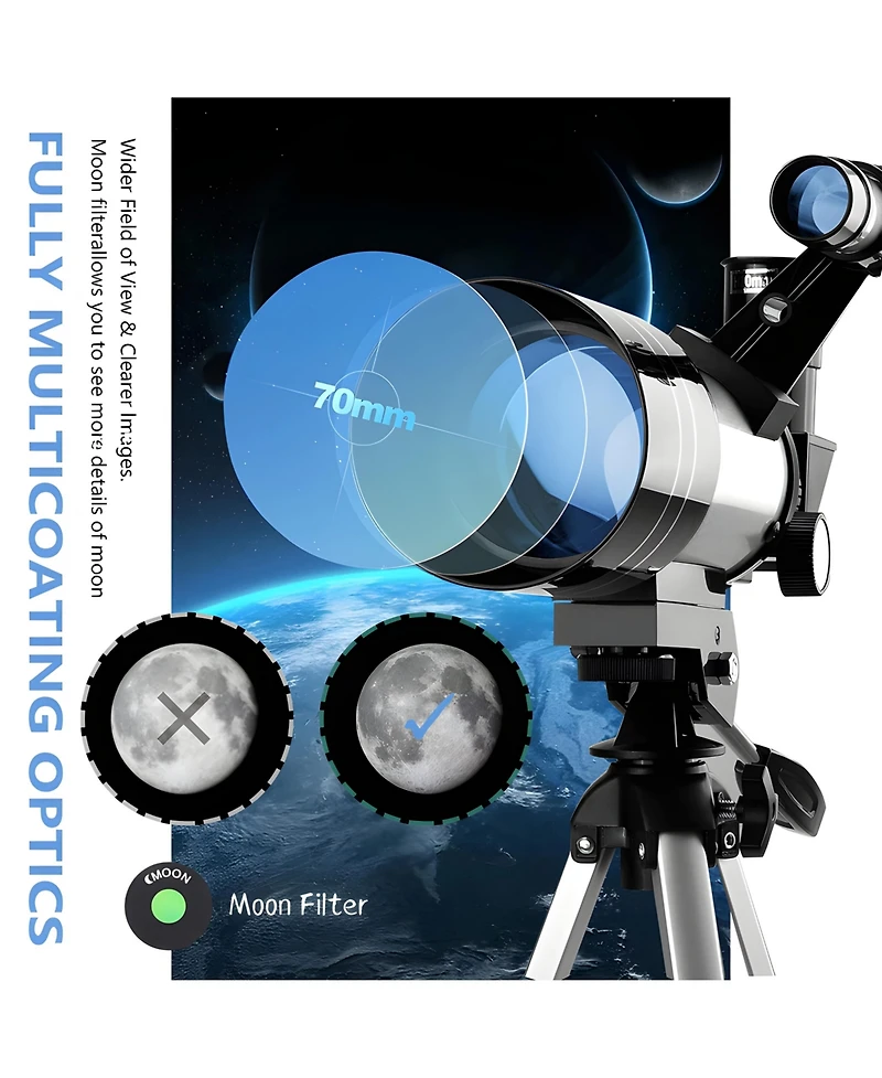 Portable 70mm Refractor Telescope for Adults & Kids - 15X-150X Magnification with Phone Adapter and Wireless Remote