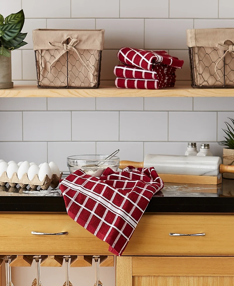 Design Imports Basic Terry Collection Windowpane Dishtowel Set, 16x26", Wine Check, 4 Piece