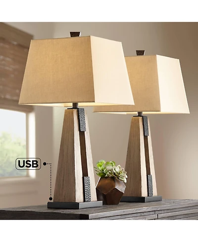 Mitchell Rustic Farmhouse Table Lamps 27" Tall Set of 2 with Usb Port Wood Oatmeal Tapered Rectangular Fabric Shade for Living Room Bedroom House
