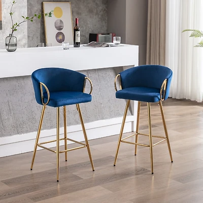 Streamdale Furniture 30 Inch Set Of 2 Bar Stools, With Chrome Footrest And Base Velvet + Golden Leg Simple Barstool, Blue
