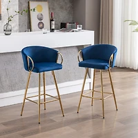 Streamdale Furniture 30 Inch Set Of 2 Bar Stools, With Chrome Footrest And Base Velvet + Golden Leg Simple Barstool, Blue