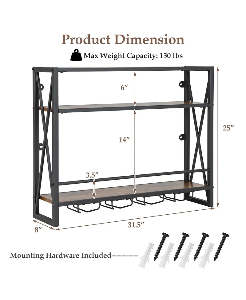 3-Tiers Industrial Wall Mounted Wine Rack with Glass Holder and Metal Frame
