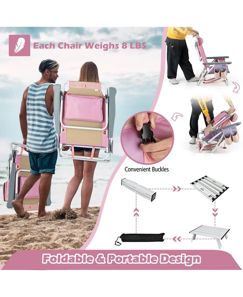 Gymax 2PCS Folding Backpack Beach Chair Table Set 5-Position Outdoor Reclining Chair